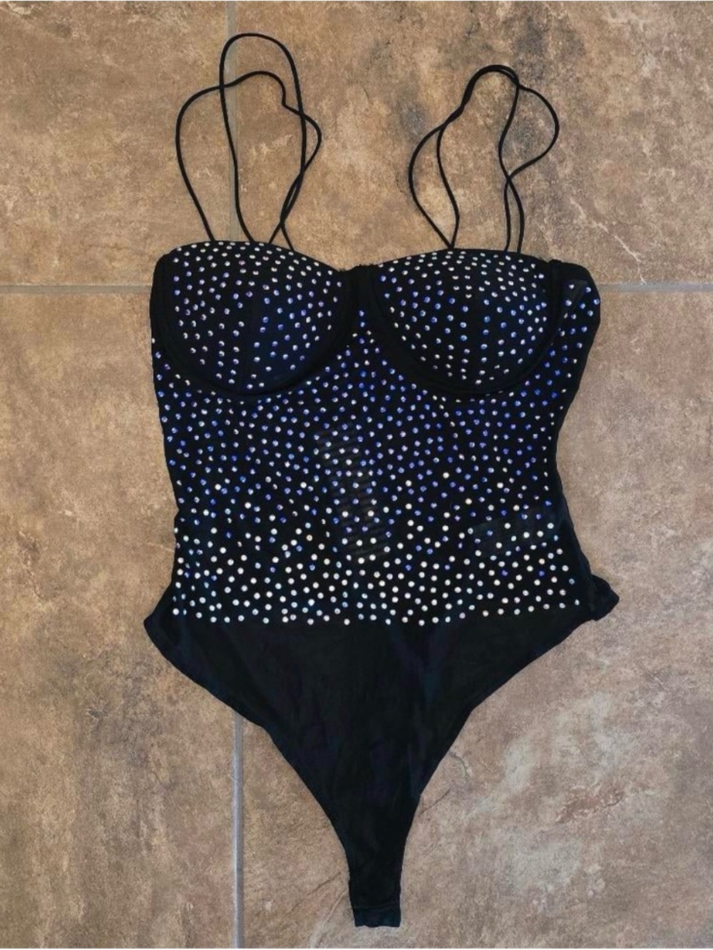 Haute Monde Black Solid Semi-Transparent Sheer Rhinestone Bodysuit One Piece M